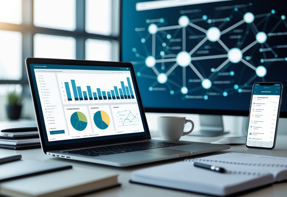 A modern office workspace with a laptop showing sales data charts, a smartphone with contact lists, notebooks, and a digital screen displaying data visualizations.