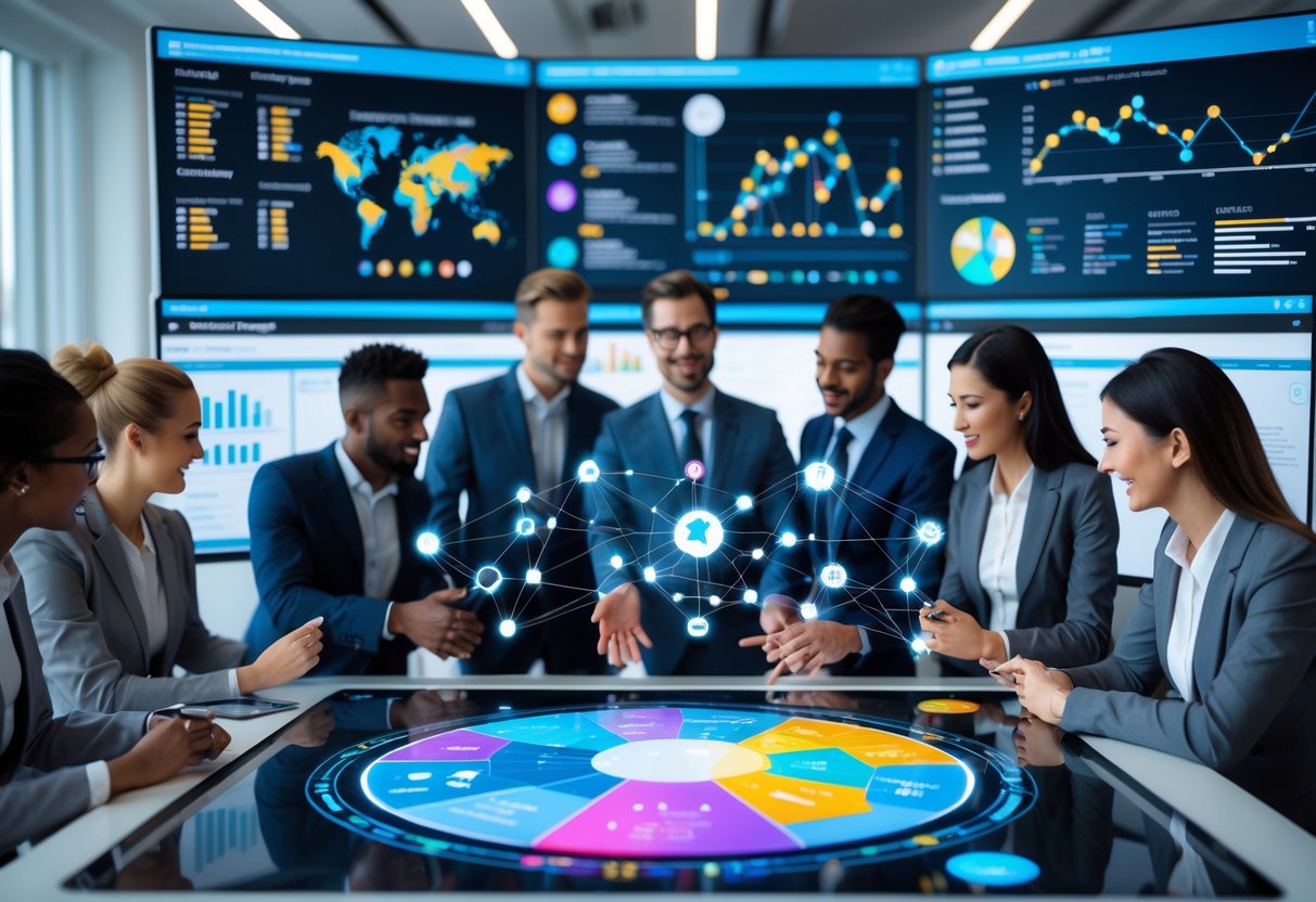A team of professionals collaborating around a digital touchscreen table with data visualizations and computer monitors displaying charts and technology icons in a modern office.