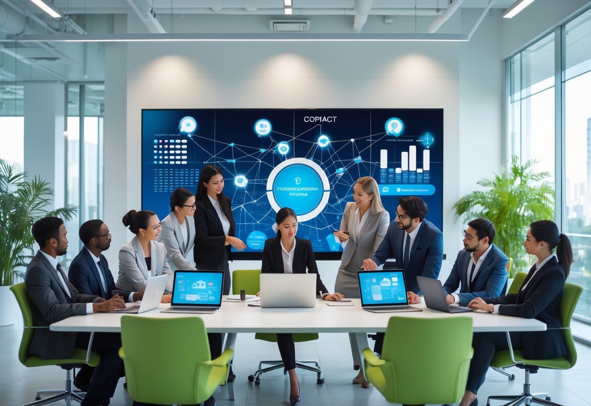 Business professionals collaborating around a conference table with digital devices and a large screen displaying data visualizations in a modern office.