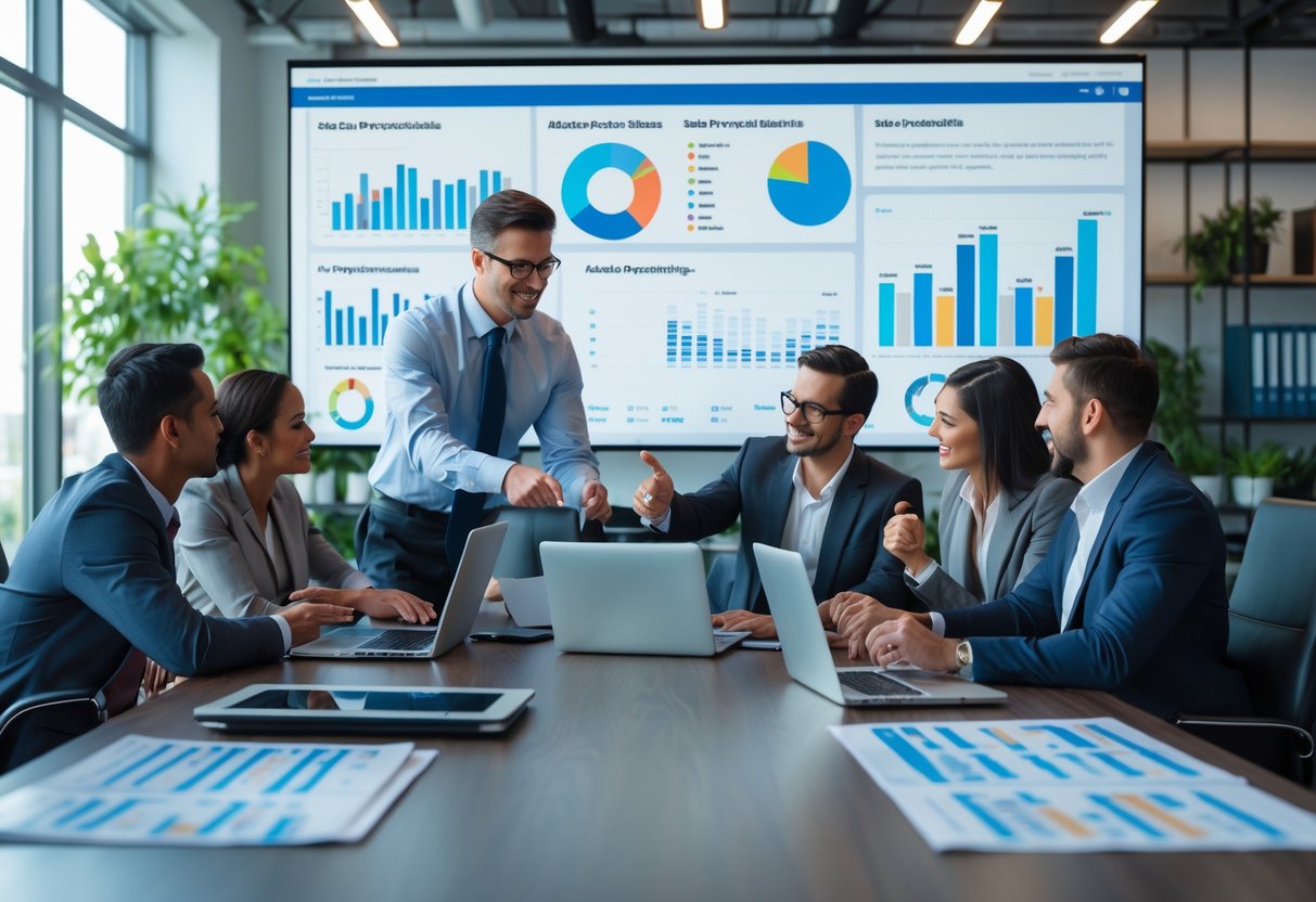 A group of business professionals collaborating around a table with laptops and data displays in a bright office.