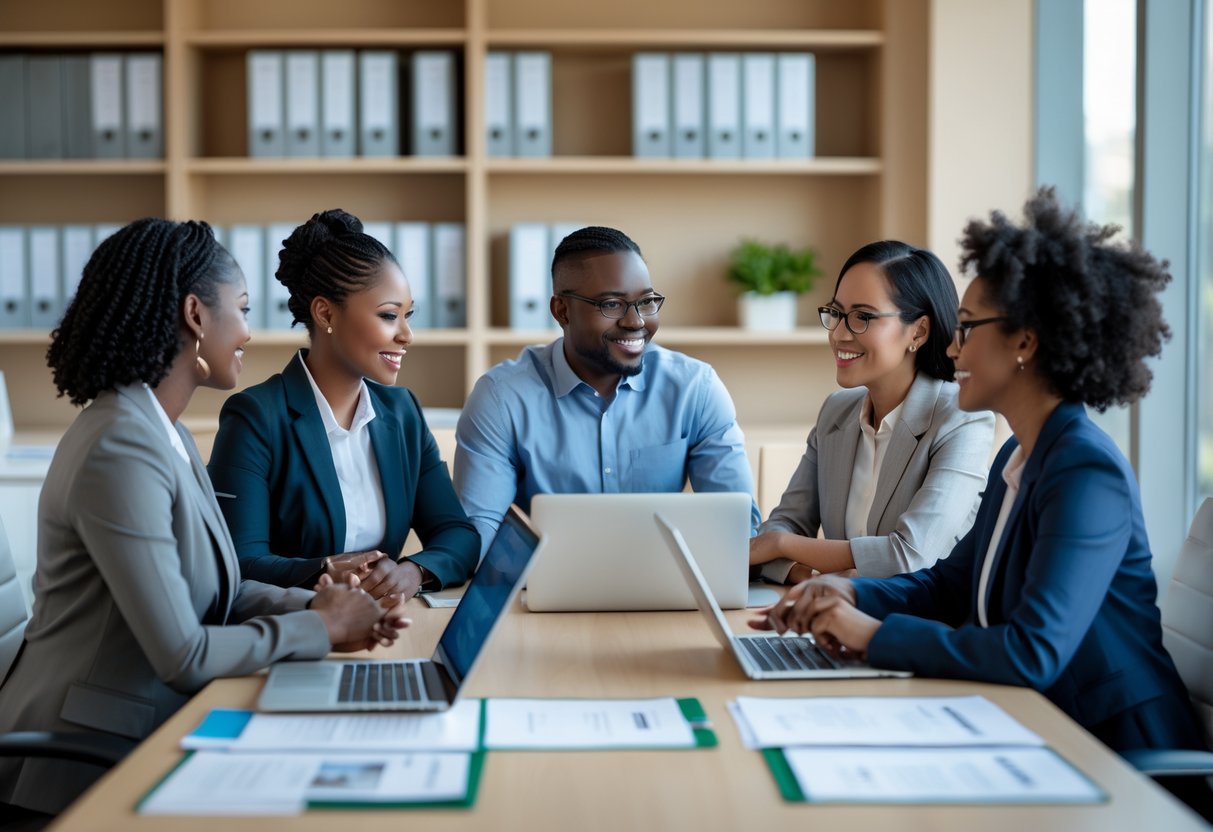 A diverse group of human services professionals collaborating around a table in an office, discussing documents and using laptops.