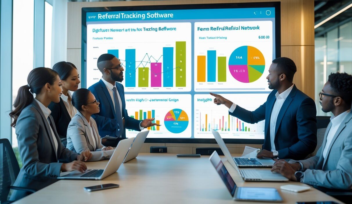 Business professionals collaborating around a digital touchscreen displaying charts and referral network diagrams in a modern office.