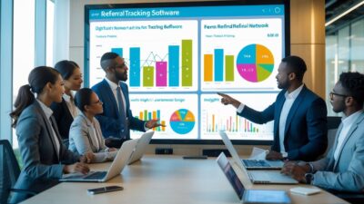 Business professionals collaborating around a digital touchscreen displaying charts and referral network diagrams in a modern office.