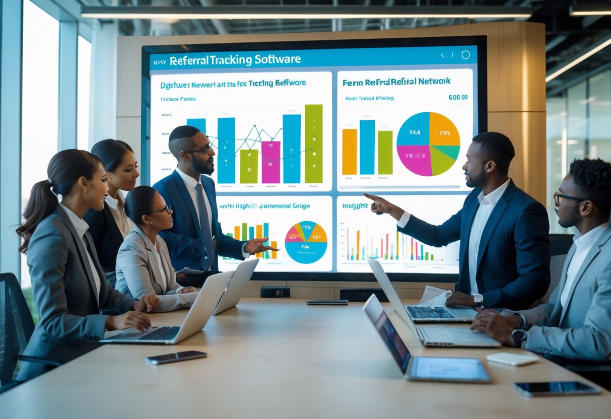 Business professionals collaborating around a digital touchscreen displaying charts and referral network diagrams in a modern office.
