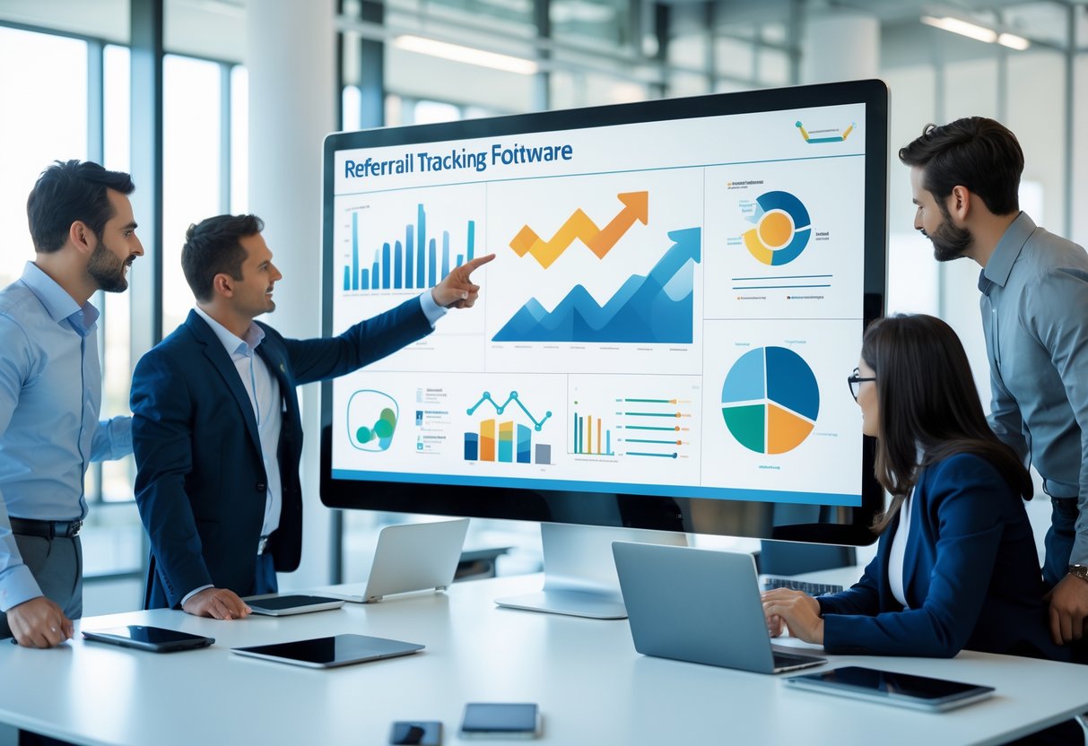 A group of professionals collaborating around a digital screen displaying data visualizations in a modern office setting.