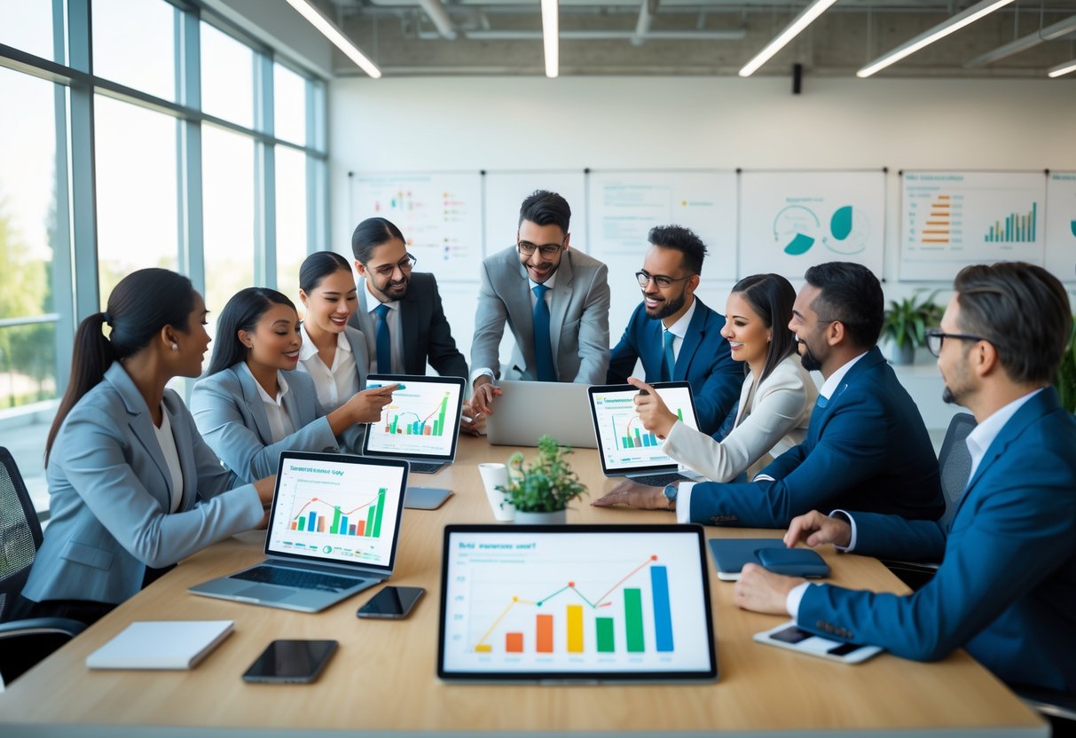 A diverse team of professionals collaborating around a table with laptops and digital devices showing referral tracking data in a bright office.