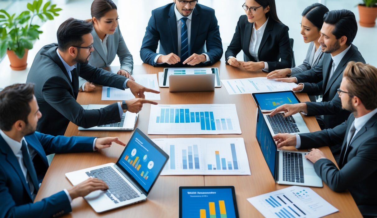 Business professionals collaborating around a table reviewing documents and digital devices in an office.