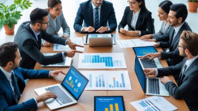 Business professionals collaborating around a table reviewing documents and digital devices in an office.