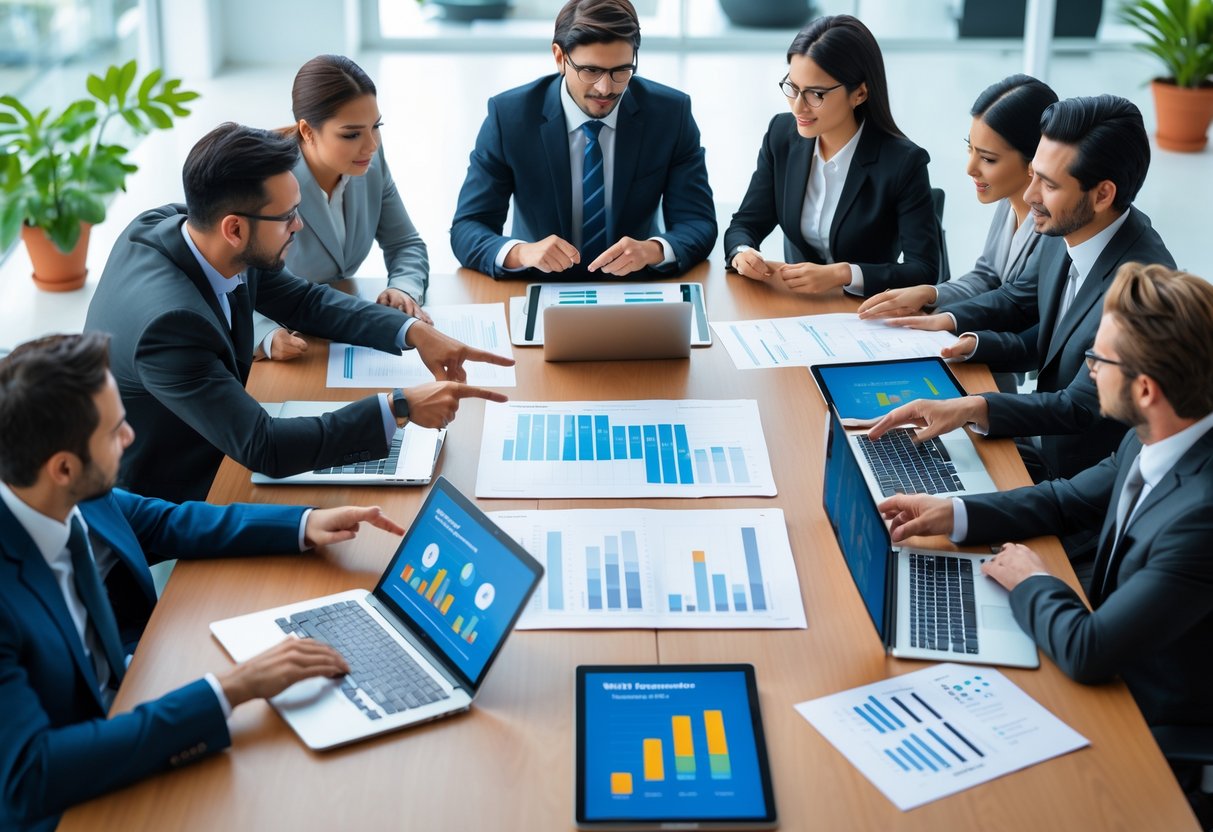 Business professionals collaborating around a table reviewing documents and digital devices in an office.