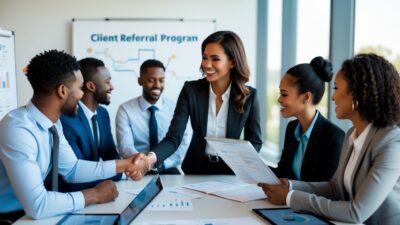 Business professionals shaking hands and discussing documents in a modern office during a client referral program meeting.