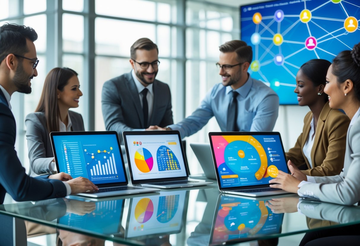 Business professionals collaborating in an office with laptops and digital screens showing referral tracking data and analytics.