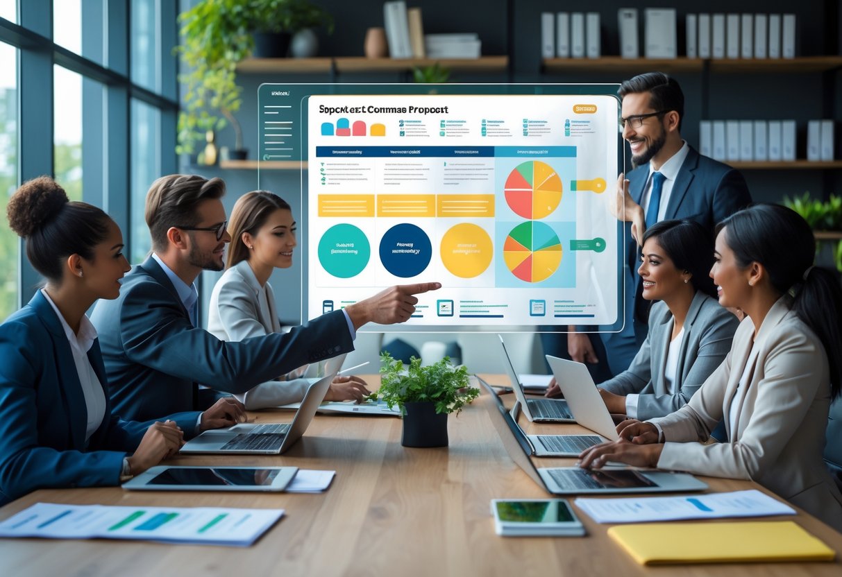 A team of business professionals working together around a table with laptops and documents, analyzing customer prospect lists displayed on a digital screen.