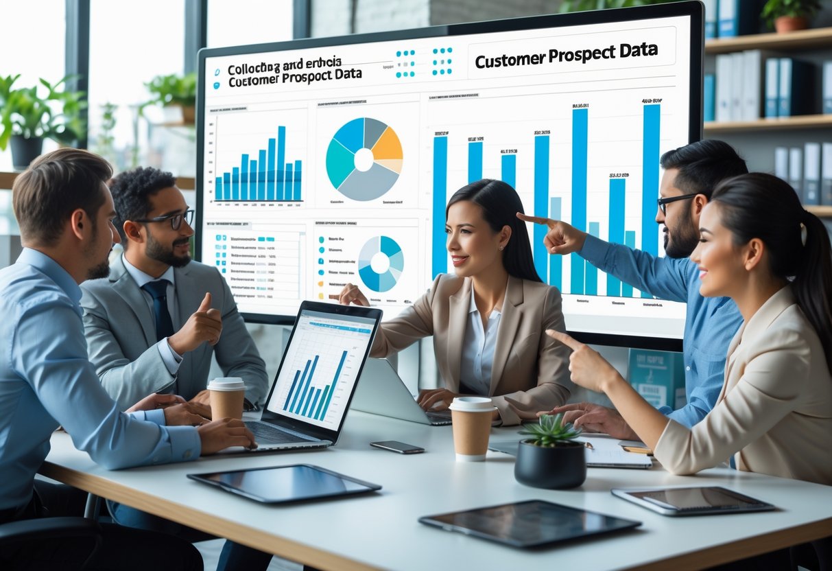 A group of business professionals working together around a desk with laptops and a large screen displaying data and charts in a bright office.