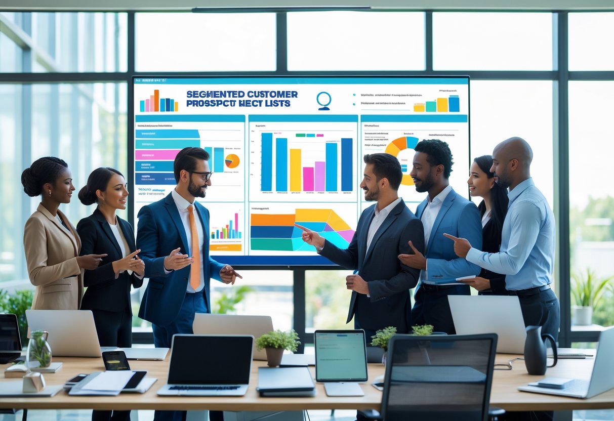 A diverse team of professionals collaborating around a digital screen with charts and customer prospect lists in a bright office.