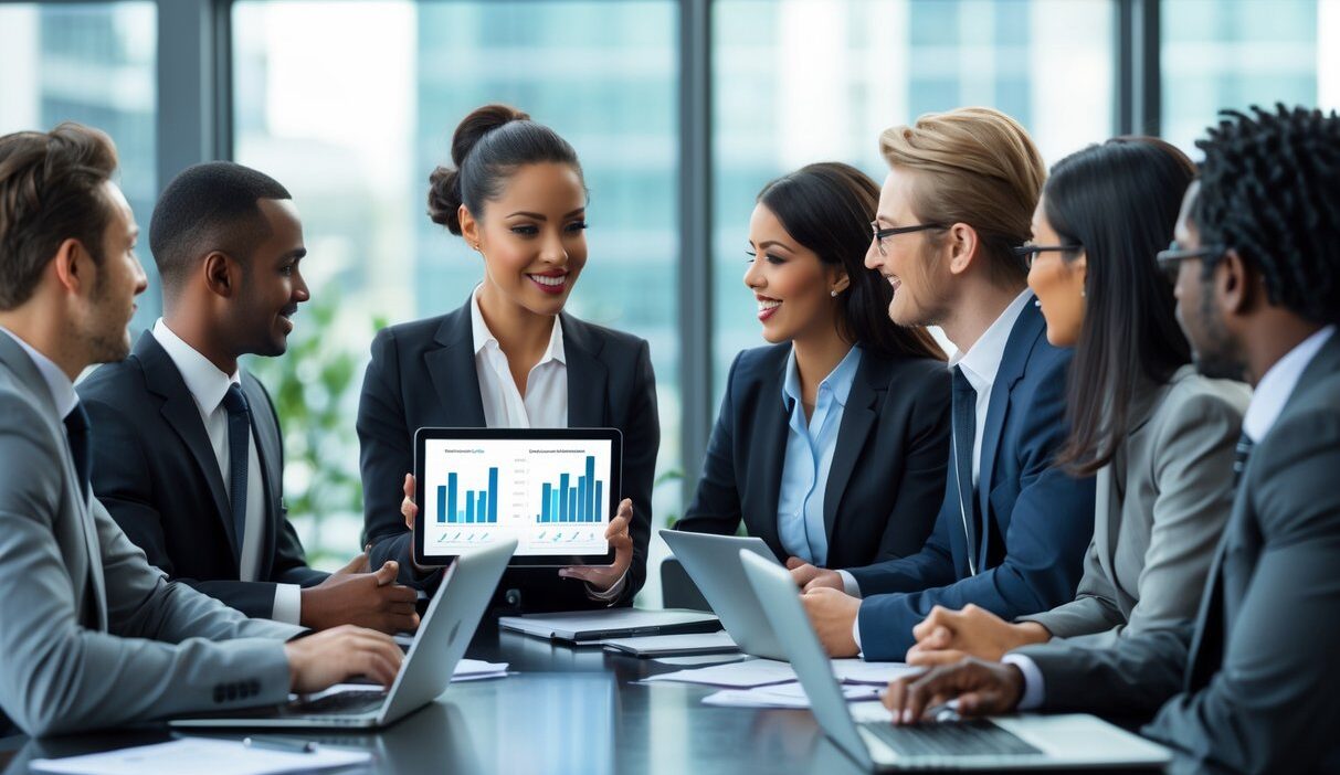 A group of business professionals having a meeting in a modern office, discussing ideas around a conference table.