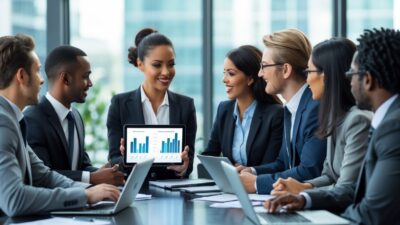A group of business professionals having a meeting in a modern office, discussing ideas around a conference table.