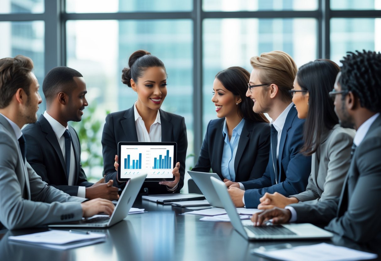 A group of business professionals having a meeting in a modern office, discussing ideas around a conference table.