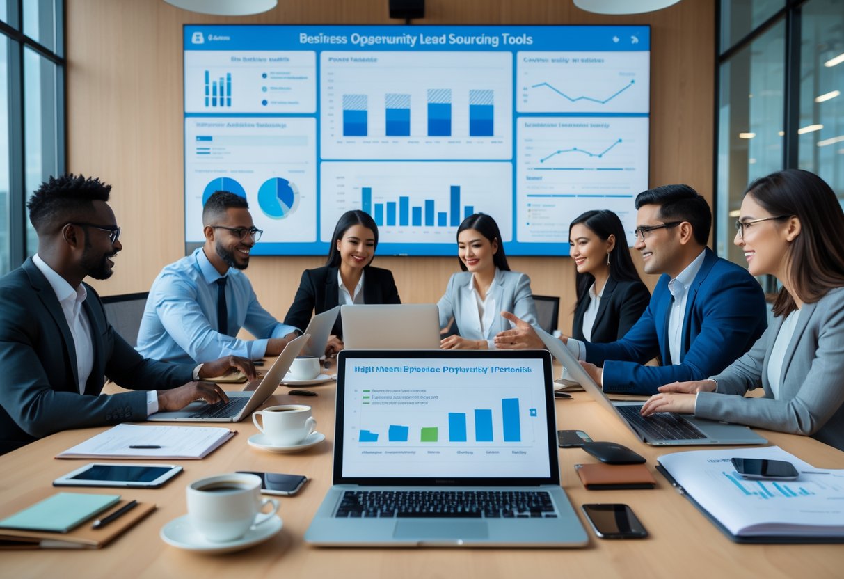 A group of business professionals working together around a table with laptops and digital screens displaying data and charts in a modern office.
