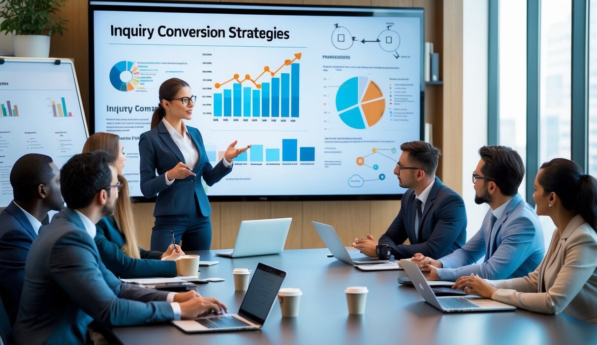 A group of business professionals in a meeting room discussing data and strategies around a conference table.