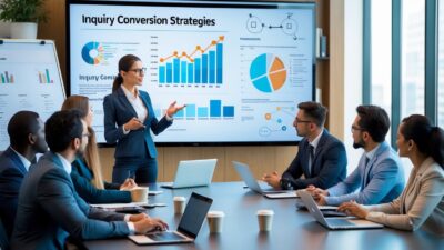 A group of business professionals in a meeting room discussing data and strategies around a conference table.
