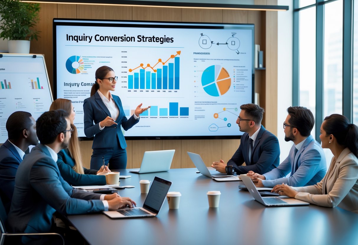 A group of business professionals in a meeting room discussing data and strategies around a conference table.