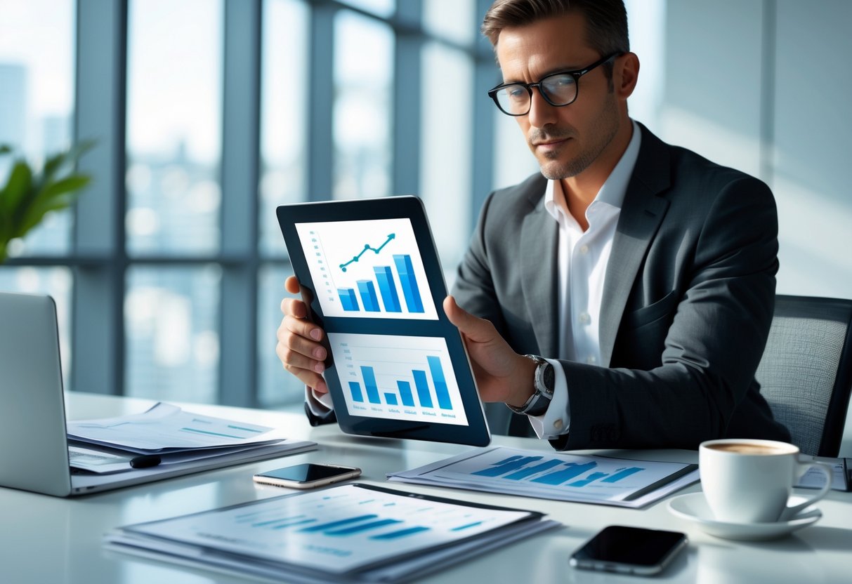 A businessperson reviewing charts on a tablet in a modern office setting.