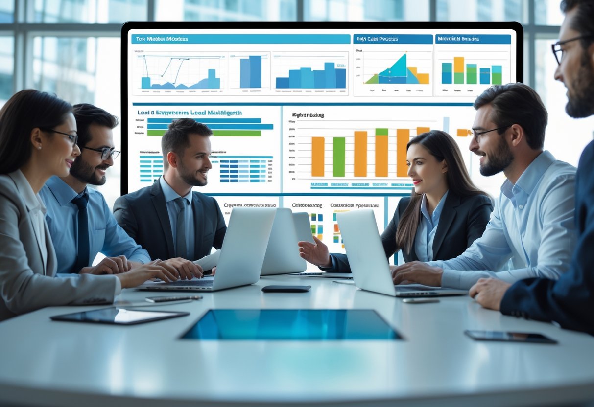 A team of business professionals collaborating around a table with laptops and digital screens showing sales and lead management data in a bright office.