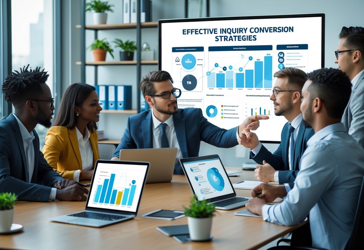 A group of professionals collaborating around a table with digital devices and a large screen displaying charts and diagrams related to inquiry conversion.