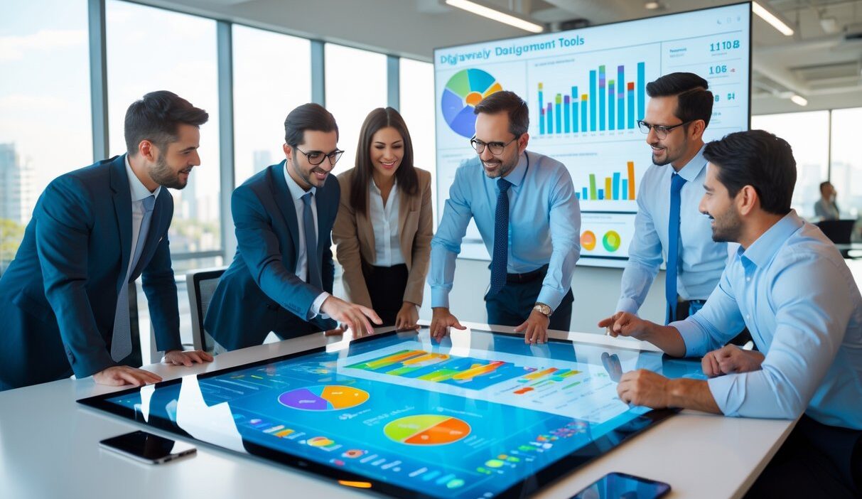 Business professionals collaborating around a digital touchscreen table displaying charts and data in a modern office.