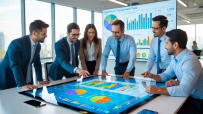 Business professionals collaborating around a digital touchscreen table displaying charts and data in a modern office.