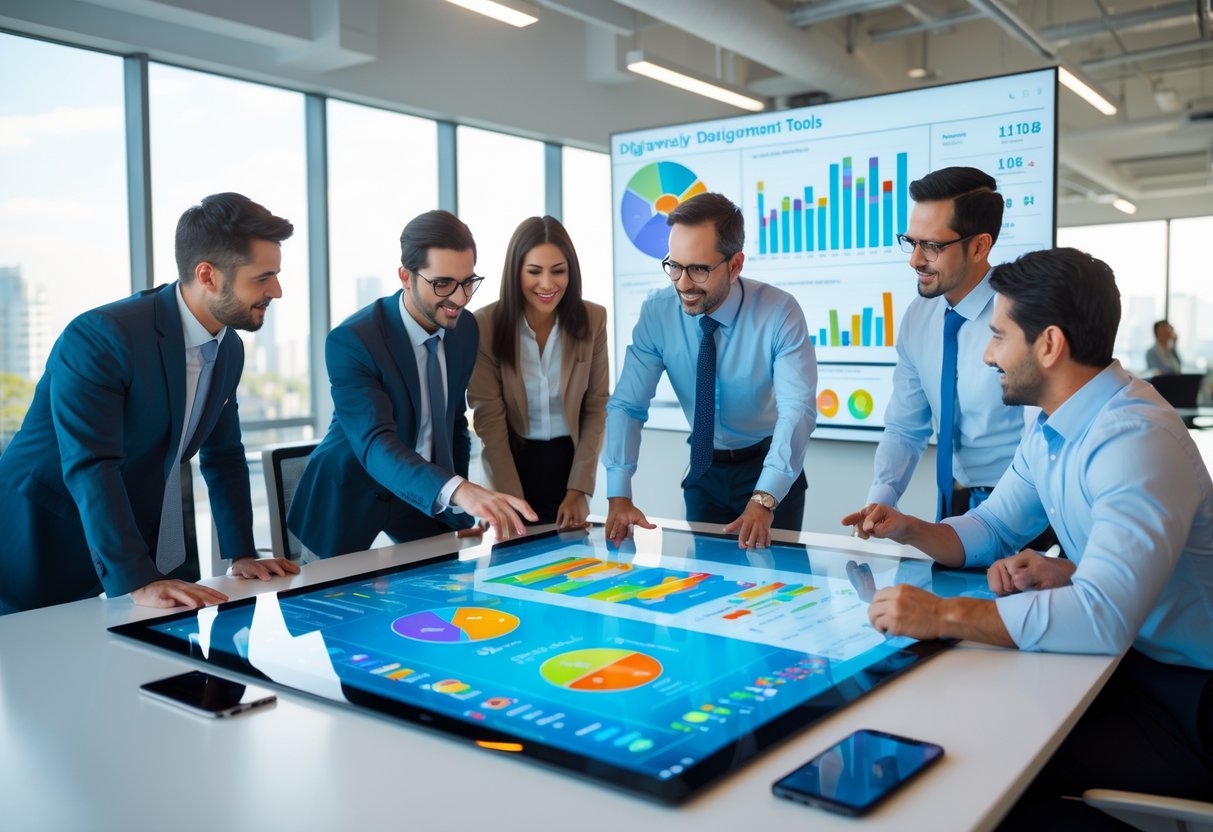 Business professionals collaborating around a digital touchscreen table displaying charts and data in a modern office.