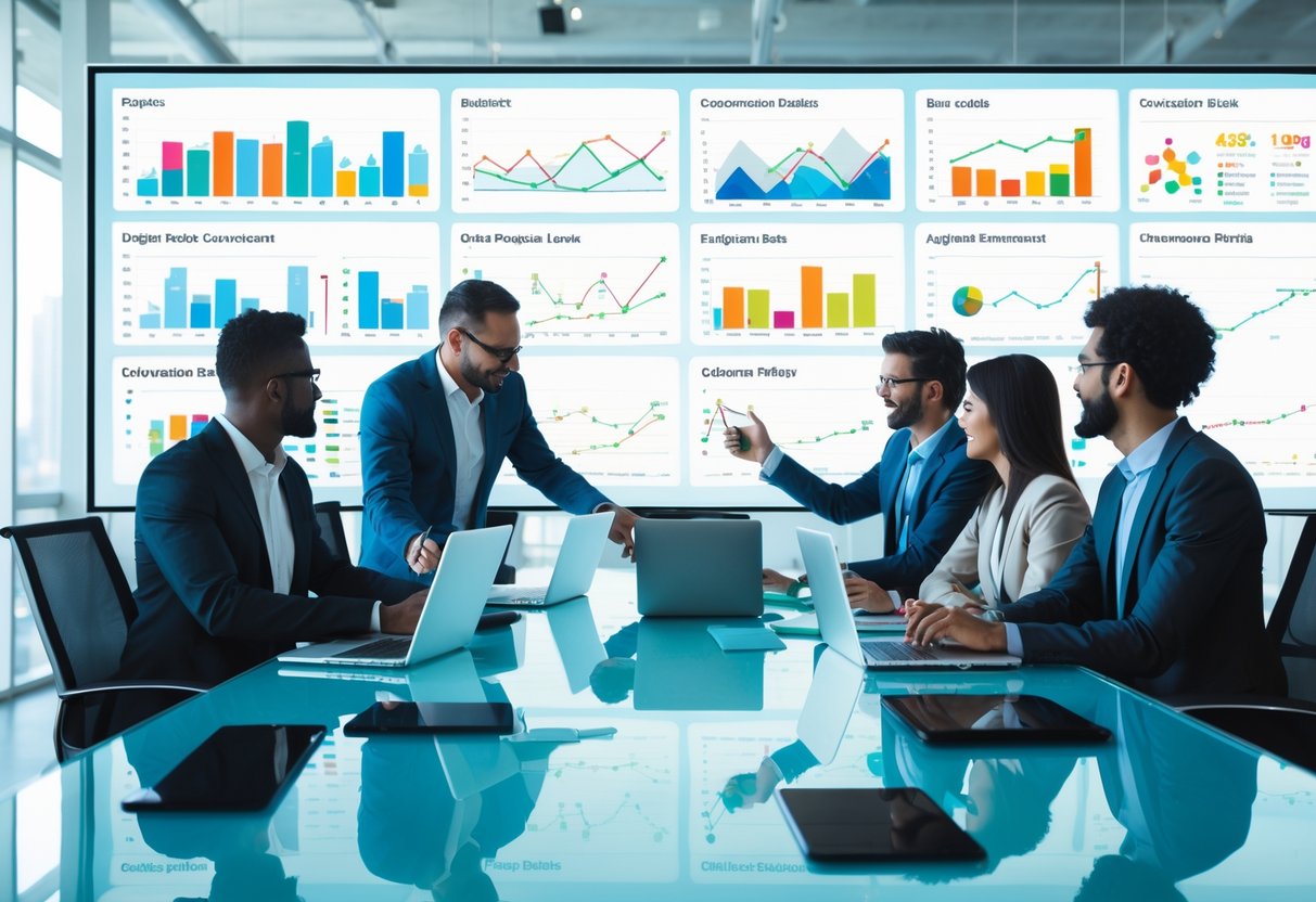 A group of business professionals collaborating around a table with digital devices showing data charts and graphs in a modern office.