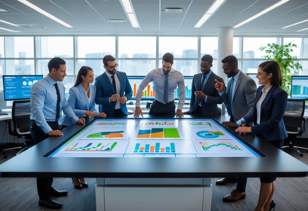 A group of business professionals collaborating around a digital touchscreen table displaying charts and data in a modern office.