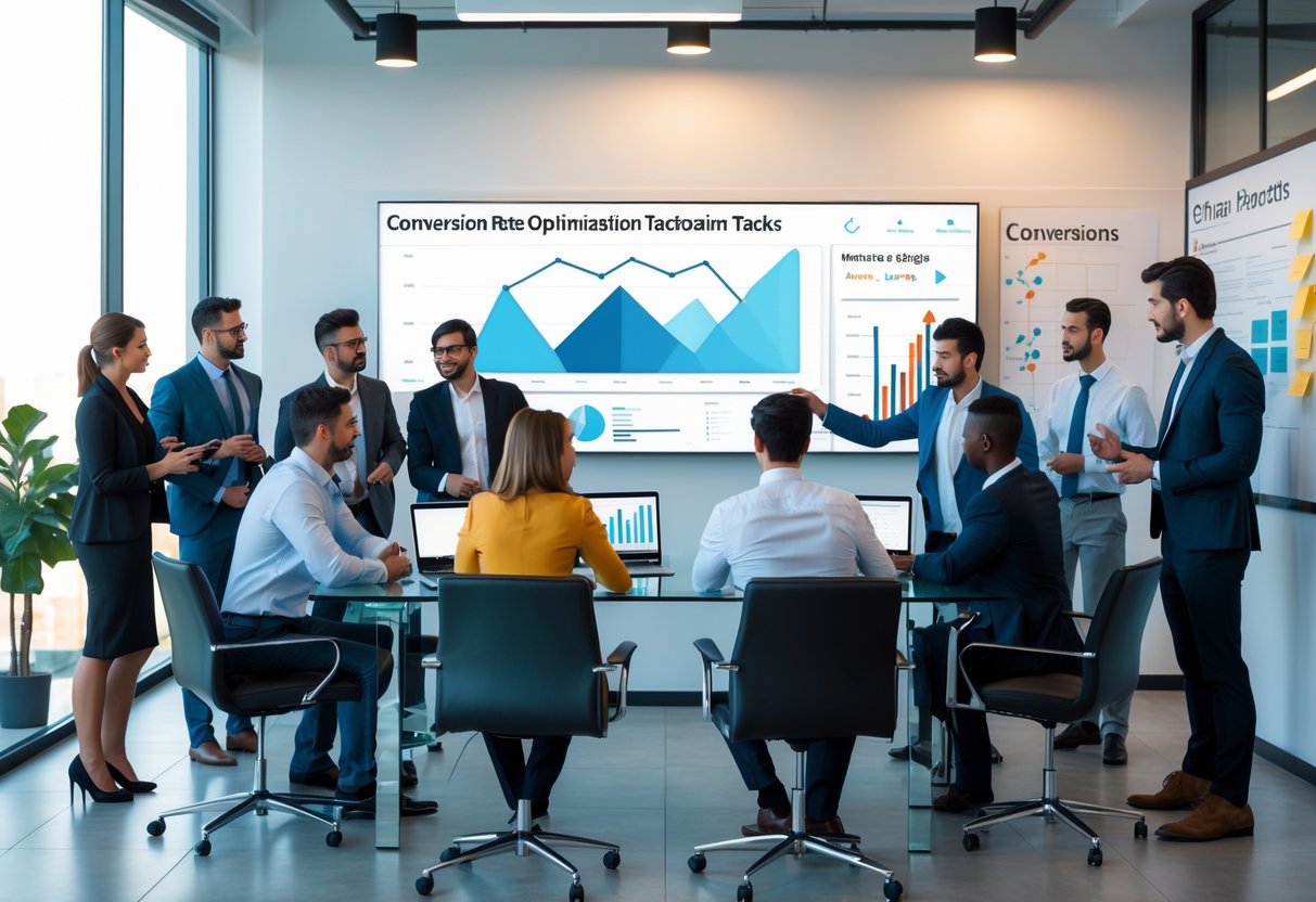 A group of business professionals collaborating around a table with laptops and a large screen displaying charts and graphs about conversion strategies in a bright office.