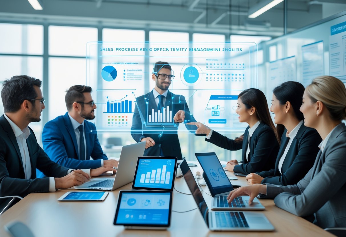 A group of business professionals collaborating around a conference table with digital devices and a large transparent screen showing interconnected sales and opportunity management visuals.