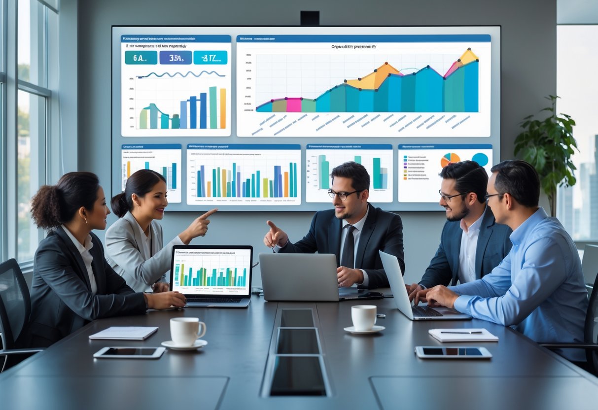 A group of business professionals collaborating around a conference table with laptops and digital screens displaying charts and data related to opportunity management.