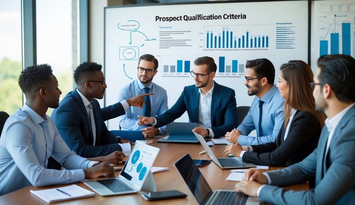 A group of business professionals in a meeting room reviewing charts and data together.