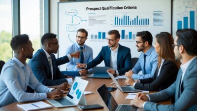 A group of business professionals in a meeting room reviewing charts and data together.