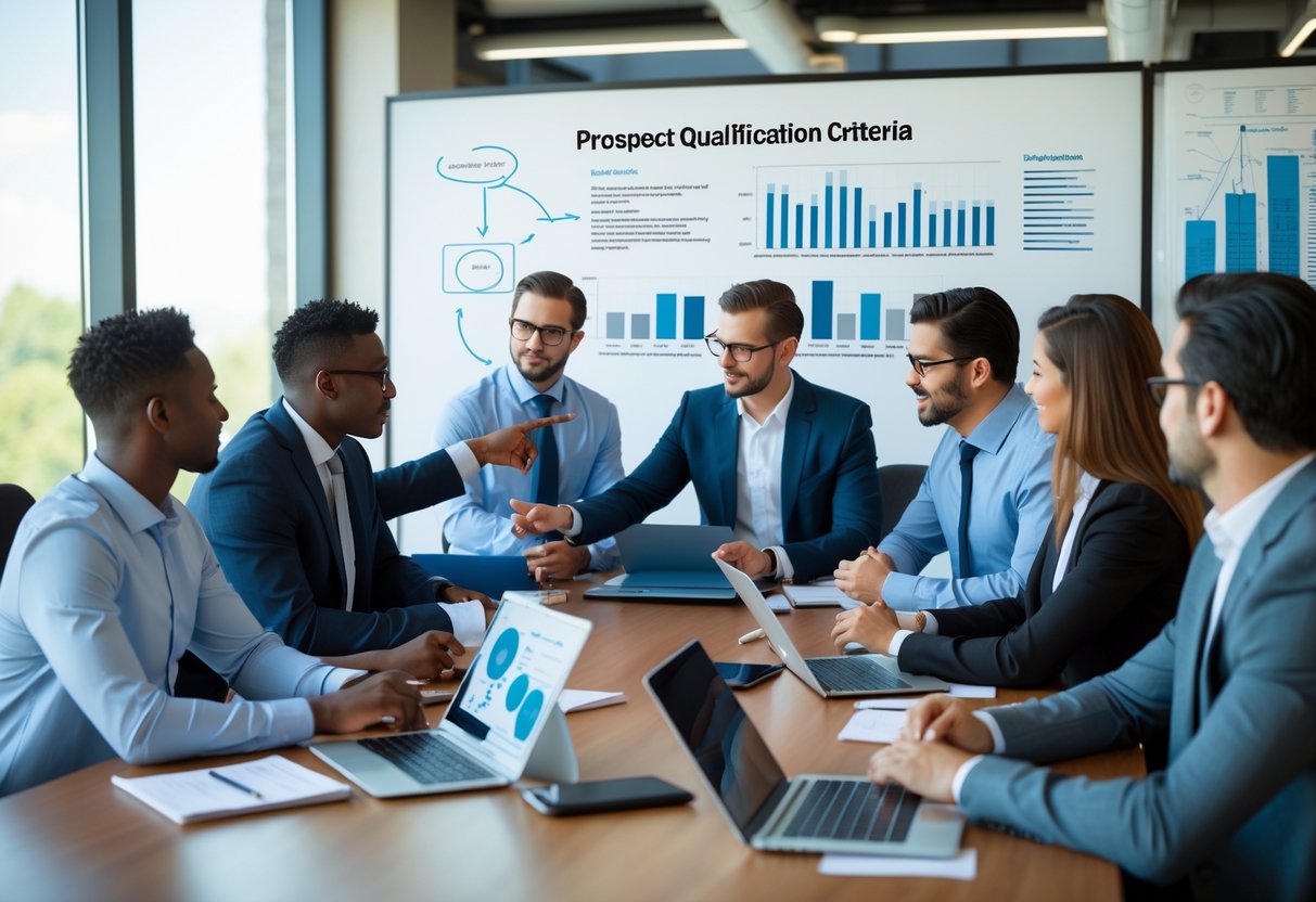 A group of business professionals in a meeting room reviewing charts and data together.
