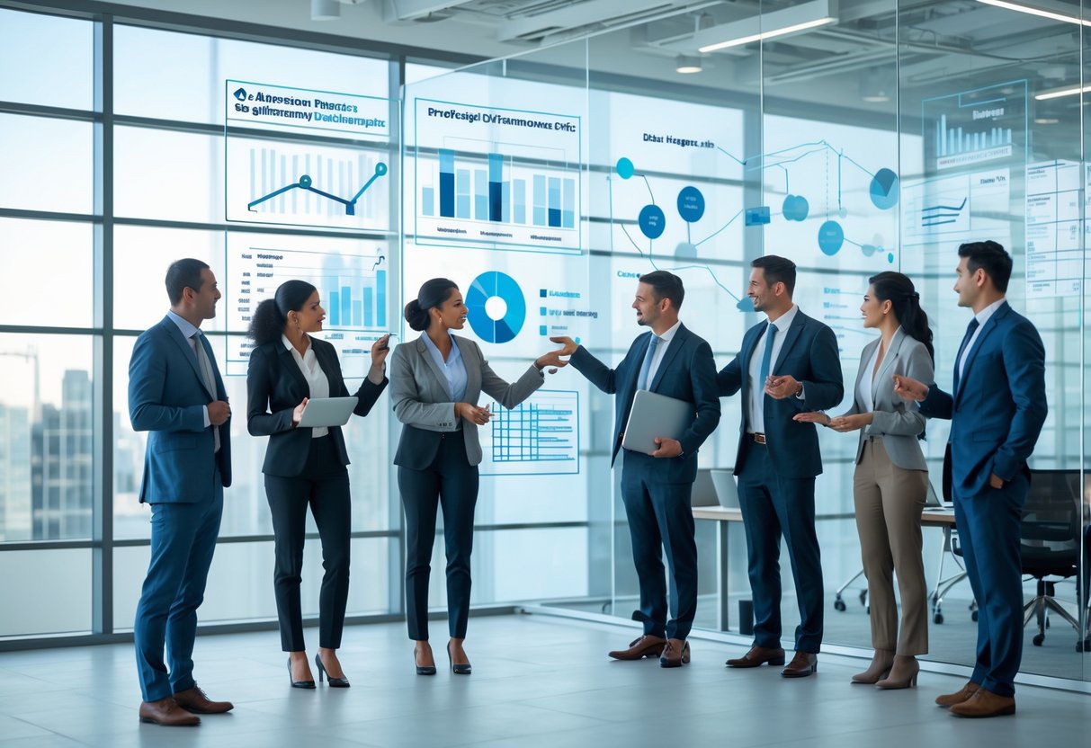 A group of business professionals collaborating around a table with charts and diagrams displayed on a glass board in a bright office.