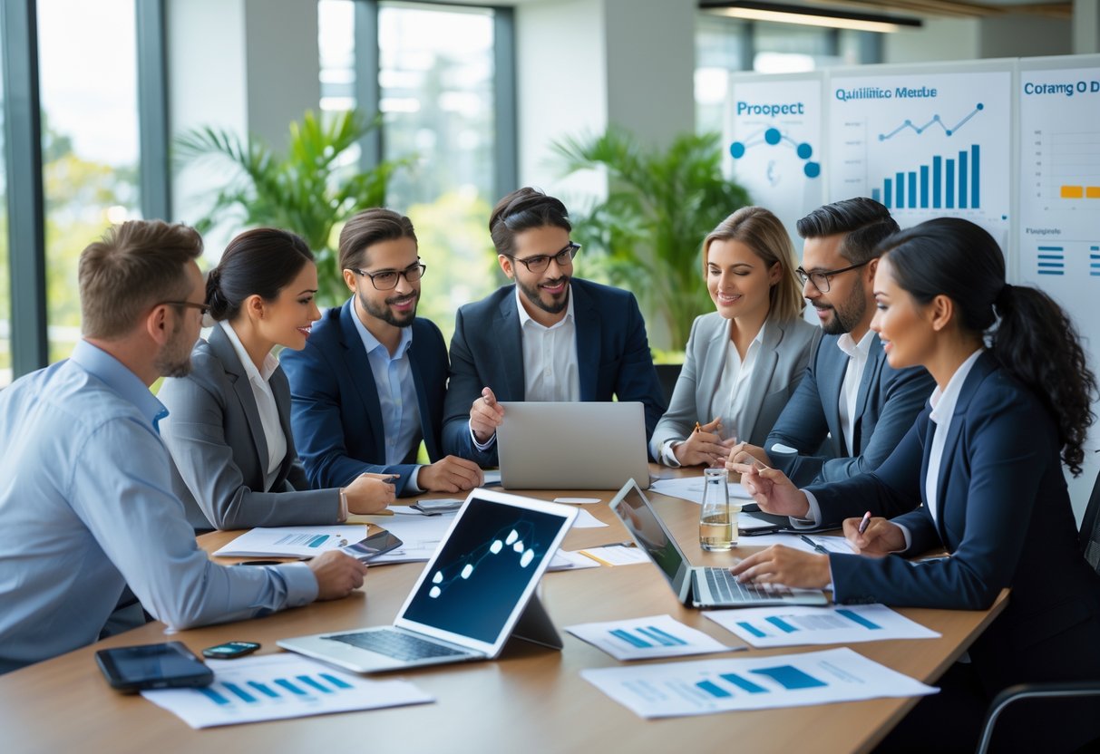 A group of business professionals collaborating around a conference table with laptops and documents in a modern office.