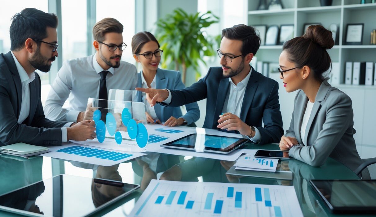 A group of business professionals collaborating around a table with laptops and charts in a bright office.