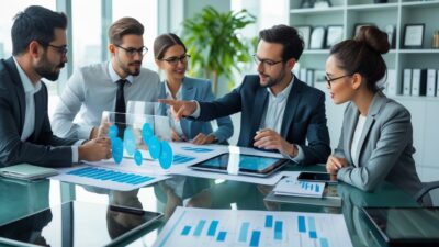 A group of business professionals collaborating around a table with laptops and charts in a bright office.