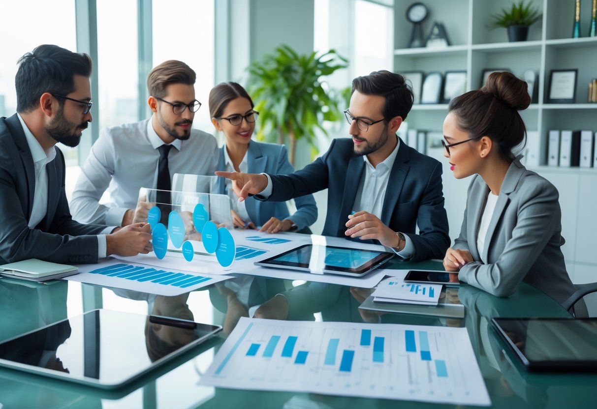 A group of business professionals collaborating around a table with laptops and charts in a bright office.