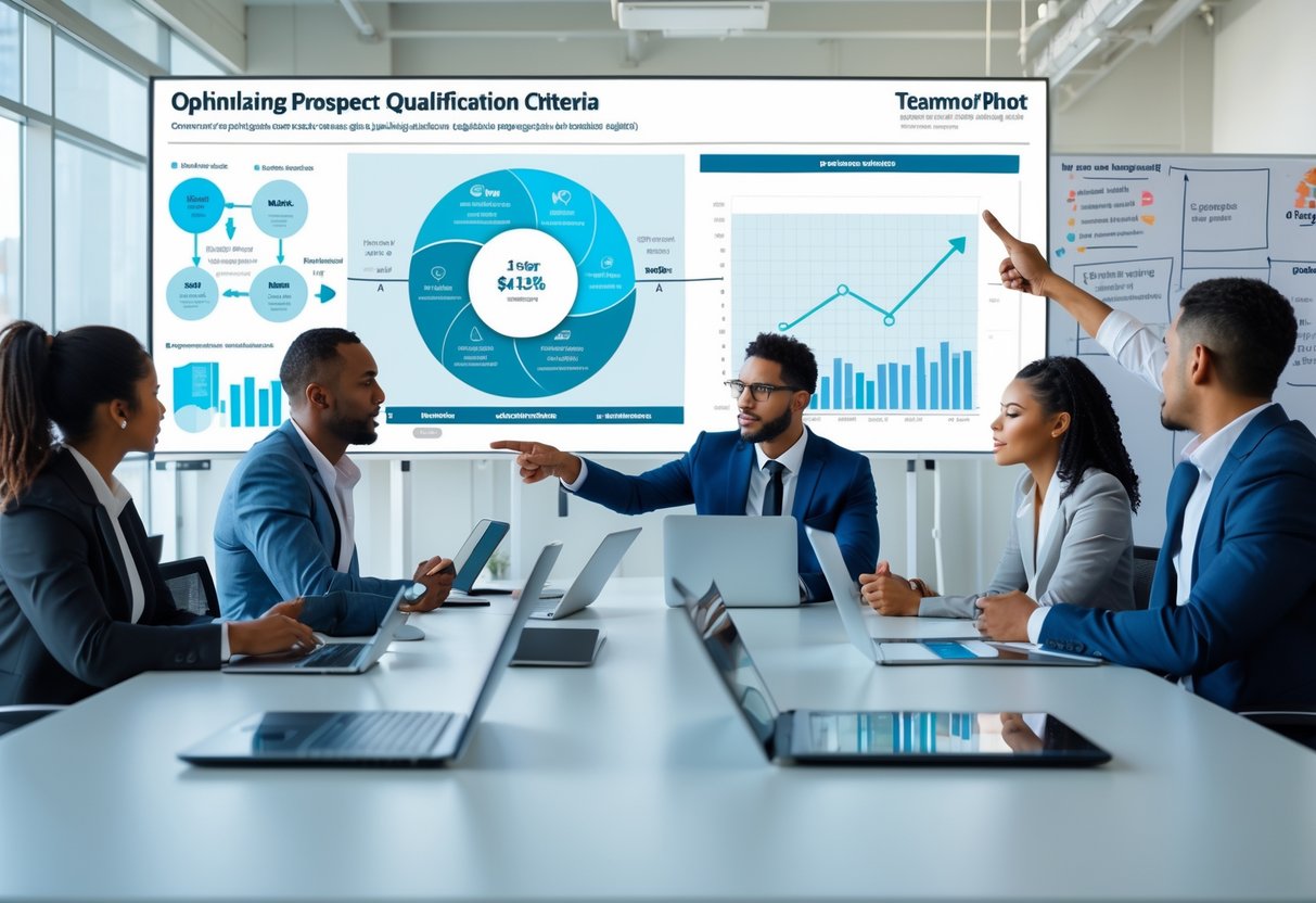 A team of business professionals collaborating around a conference table with laptops and charts, discussing a qualification process in a modern office.