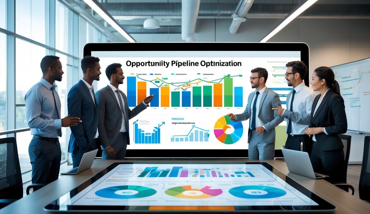 A diverse team of business professionals collaborating around a digital touchscreen table displaying charts and graphs related to sales opportunities in a modern office.