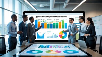 A diverse team of business professionals collaborating around a digital touchscreen table displaying charts and graphs related to sales opportunities in a modern office.