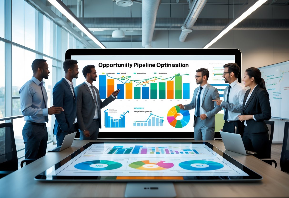 A diverse team of business professionals collaborating around a digital touchscreen table displaying charts and graphs related to sales opportunities in a modern office.