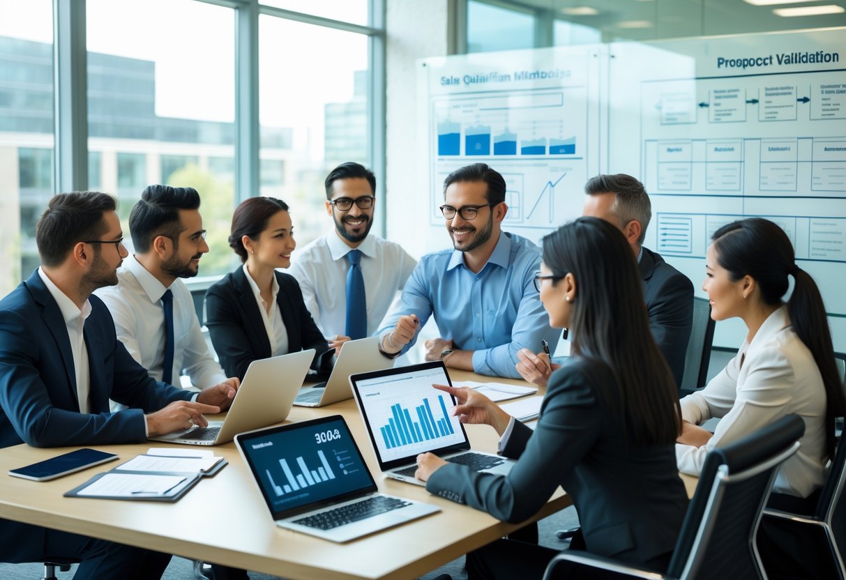 Business professionals collaborating around a conference table with laptops and charts, discussing sales qualification and prospect validation.