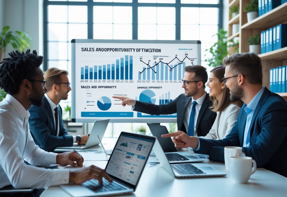 A group of business professionals collaborating around a table with laptops and charts showing data and flowcharts in a bright office.